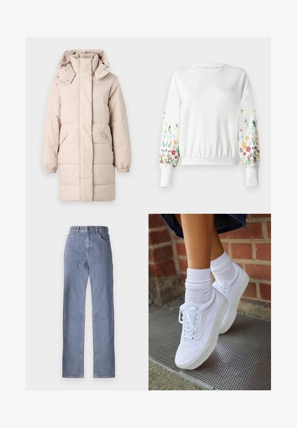 Béžová puff ok jacket s vysokým golierom a odnímateľnou kapucňou. Obsahuje bočné zipsové vrecká a elastické manžety. Hladký povrch, prešívaný dizajn.; Biela mikina s okrúhlym výstrihom a rebrovanými manžetami, s farebnou kvetinovou výšivkou po stranách rukávov v rôznych odtieňoch.; Pruhované riflové nohavice so strihom rovného nohavice, so zapínaním na gombík a zips, piatimi vreckami a miernym vyblednutím farby.; Biele plátené tenisky s gumovou podrážkou, s piatimi dierkami na šnúrky, okrúhlou špičkou a svetlými švami, doplnené o biele členkové ponožky.