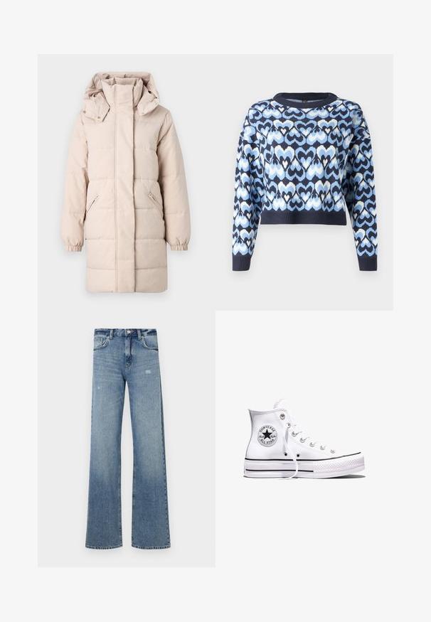 Béžová puff ok jacket s vysokým golierom a odnímateľnou kapucňou. Obsahuje bočné zipsové vrecká a elastické manžety. Hladký povrch, prešívaný dizajn.; Námornícky modrý sveter s vzorom prepojených srdiečok v svetlomodrej a bielej farbe, skrátený strih s okrúhlym výstrihom a ribovanými nápletmi.; Svetlomodré džínsy s vysokým pásom, širokými nohavicami, jemným opotrebovaním a tradičnou piatimi vreckami.; Biela vysoká teniska Converse Chuck Taylor All Star s čiernymi pruhmi a nášivkou s logom na boku, zobrazená na jednoduchom bielom pozadí.