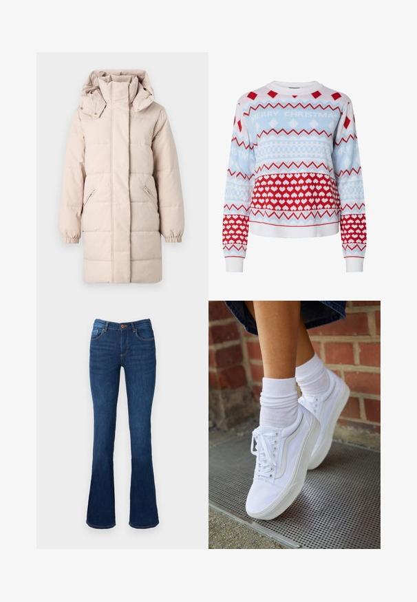 Beige pufferjakke med høj krave og aftagelig hætte. Har sidelommer med lynlås og elastiske manchetter. Glat tekstur, quiltet design.; Strikket juletrøje i lyseblå, rød og hvid med zigzag, ternet og hjerte mønstre; med teksten "GLÆDELIG JUL".; Bredde denim jeans i blå farve med mid-rise talje, der har for- og baglommer, orange syninger og knaplukning.; Hvide lærreds sneakers med gummisåler, der har seks snørehuller, rund tå og let sømdetaljer, krydret med hvide ankelstrømper.