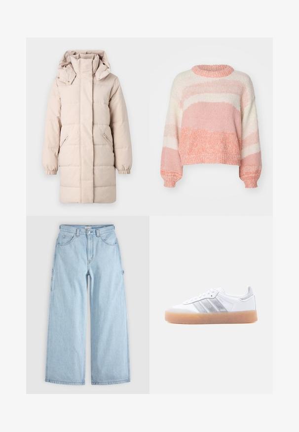 Beige pufferjakke med høj krave og aftagelig hætte. Har sidelommer med lynlås og elastiske manchetter. Glat tekstur, quiltet design.; ONLY ONLJENNY LIFE ONECK - Striktrøje - terra cotta; Lyseblå brede jeans med frontlommer, bæltestropper og sidelommer til værktøj, lagt fladt på en grå baggrund.; Hvid lavtop-sneaker med gum-gummisål, sølvstribede sideaccents og snørelukning, vist mod en ensfarvet lys baggrund.
