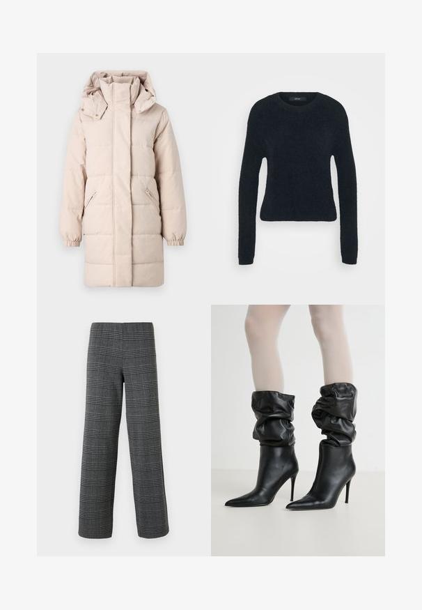 Beige Daunenjacke mit hohem Kragen und abnehmbarem Kapuzen. Verfügt über seitliche Reißverschlusstaschen und elastische Bündchen. Glatte Textur, gestepptes Design.; Schwarzer, langärmeliger Pullover aus weichem, strukturierter Stoff. Hat einen runden Ausschnitt und eine leicht taillierte Form. Keine sichtbaren Muster oder Akzente.; Vero Moda VMBERLIN WIDE PANT - Stoffhose - dark grey/black; Schwarze Leder-Ankle-Boots mit einem lässigen Design, spitzem Zehenbereich und hohem Stiletto-Absatz, die einen weichen, strukturierten Abschluss am Schaft haben.