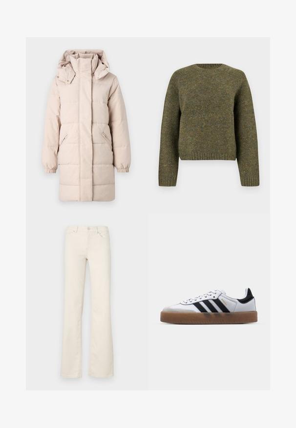 Beige Daunenjacke mit hohem Kragen und abnehmbarem Kapuzen. Verfügt über seitliche Reißverschlusstaschen und elastische Bündchen. Glatte Textur, gestepptes Design.; Grüner Wollpullover mit Rundhalsausschnitt, gerippten Bündchen und Saum, strukturiertem Stoff und einem leicht lockeren Schnitt.; Beige Schlaghosen aus Baumwollmischung, mit klassischen Taschen, einem vorderen Knopfverschluss und Nahtdetails entlang der Nähte.; Weiße Leder Sneakers mit schwarzen Streifen, Gummigummi-Außensohle, runder Zehenform, Schnürverschluss und weichem grauem Wildleder-Zehenkappe.