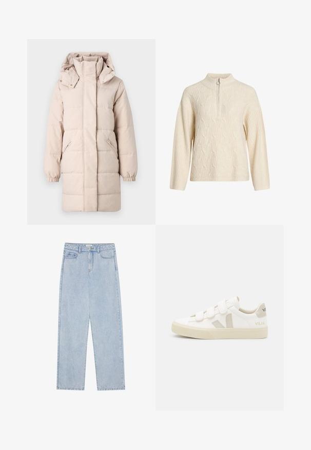 Beige puhvjakker kõrge kraega ja eemaldatava kapuutsiga. Omab külgsete tõmblukkude taskuid ja elastseid mansette. Sile tekstuur, tikandiga disain.; Kreemikooreline kudumisega pullover, millel on kõrge krae ja poolne tõmblukk; sisaldab tekstuurset nöörmustrit ning ribakraega varrukaid ja allserva.; Heledad sinine, kõrge vöökoht denimist teksad sirge jala lõikega, viie taskuga ja nähtava õmblusega. Materjalil on klassikaline pesu tekstuur.; Valged tenniset, millel on takjapaelad, beežid sametist aktsendid, tekstureeritud kummist tald ja hall V-logo. Minimalistlik disain, ümar kuju.