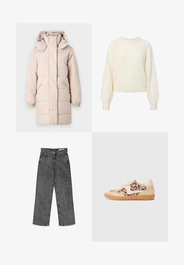Veste matelassée beige avec un col montant et une capuche amovible. Présente des poches latérales zippées et des poignets élastiqués. Texture lisse, design matelassé.; Pull en maille crème à manches longues avec un col rond côtelé, des poignets et un ourlet.; Jean droit taille haute noir délavé avec poches avant, passants de ceinture, fermeture à bouton et étiquette de marque à l'intérieur de la ceinture.; Baskets en imprimé léopard avec tige en suède beige, semelle en caoutchouc tan et accents blancs. Bout rond et design à lacets avec une finition texturée.
