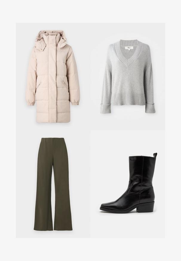 Beige pufferjakke med høj krave og aftagelig hætte. Har sidelommer med lynlås og elastiske manchetter. Glat tekstur, quiltet design.; Lys grå strikket uldblandingssweter med V-udskæring, ribfade manchetter, kant og halsudskæring, der viser foldede ærmeender.; Olivenfarvede brede bukser med elastisk talje, glat stof og ingen lommer, med et rent, minimalistisk design.; Sorte læder ankelstøvler med spids tå, lav blokhæl og syet detaljer. Har elastiske paneler på siden for nem påtagning.
