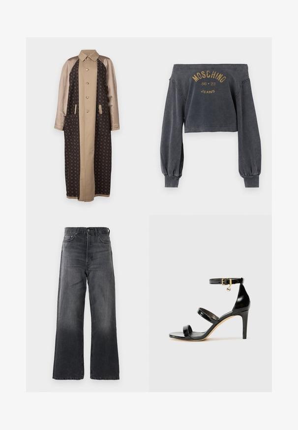Brun mønstret lang frakke med satinbeige ærmer, frontlukning med knapper og sidelommer. Struktureret stof med geometriske designs.; Off-shoulder cropped mørkegrå sweatshirt med lange ærmer og "Moschino 86 23 Jeans" trykt i falmet guld på fronten.; Mørkegrå bredbenede jeans lavet af denim, med høj talje, forlommer og en klassisk trykknap-lukning. Der er subtile udvaskninger synlige.; Sorte patenterede lædersandaler med tre stropper, ankelspænde og 10 cm stiletthæl. Har detaljer i guld og et logo charms.