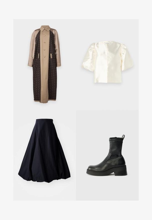 Brun mønstret lang frakke med satinbeige ærmer, frontlukning med knapper og sidelommer. Struktureret stof med geometriske designs.; Elfenbensfarvet satinbluse med puffede ærmer, der har en rund halsudskæring og en lige ryglukning. Glat tekstur med et minimalistisk design.; By Malene Birger AUBREY - Maxinederdele - black; Sorte læder ankelstøvler med rund tå, lynlås i siden, lav blokhæl og pæn syning. Tekstureret overflade med en glat finish.