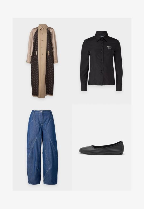 Brun mønstret lang frakke med satinbeige ærmer, frontlukning med knapper og sidelommer. Struktureret stof med geometriske designs.; Sort skjorte med en tætsiddende pasform, lange ærmer og spids krave. Har knaplukning foran og broderet logo på brystet.; Bredde ben denimbukser i mørkeblå med kontrastfarvet hvidt syning. Har en knaplukning og høj talje, med skrå søm-detaljer.; Sort læderballetsko med rund tå, glat tekstur, minimal syning og et fleksibelt såldesign.