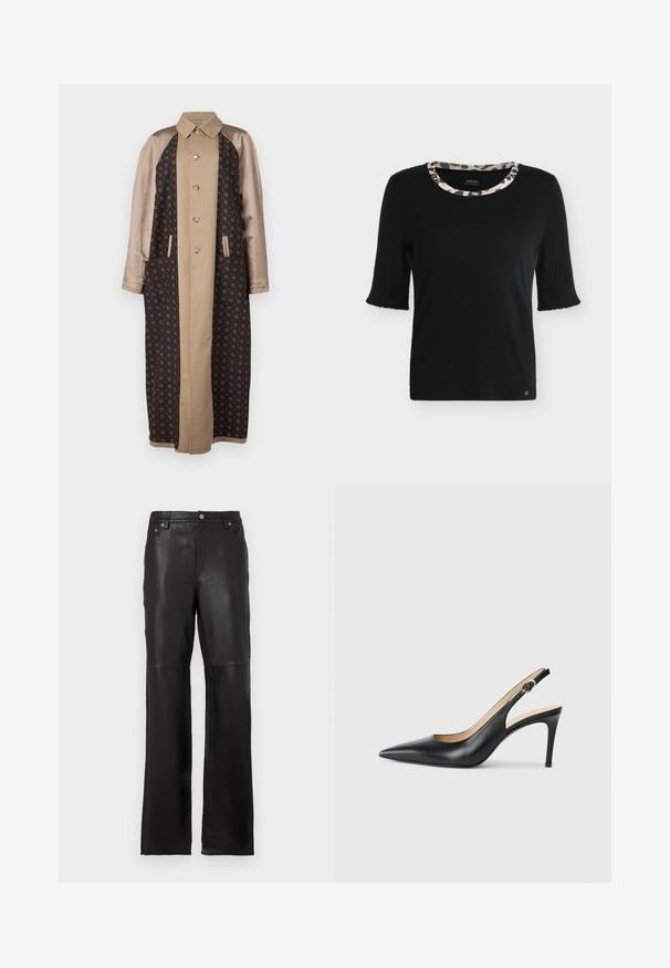 Brun mønstret lang frakke med satinbeige ærmer, frontlukning med knapper og sidelommer. Struktureret stof med geometriske designs.; Sort kortærmet skjorte med rund halsudskæring med en beige og sort dyreprintkant, vist på en hvid baggrund.; Sorte læderbukser med lige ben-design, forlommer og metallic knapdetaljer. Glat tekstur med rene syninger.; Sorte læder slingback højhælede sko med spids tå, justerbar rem og en slank stiletto hæl, der har en glat finish.