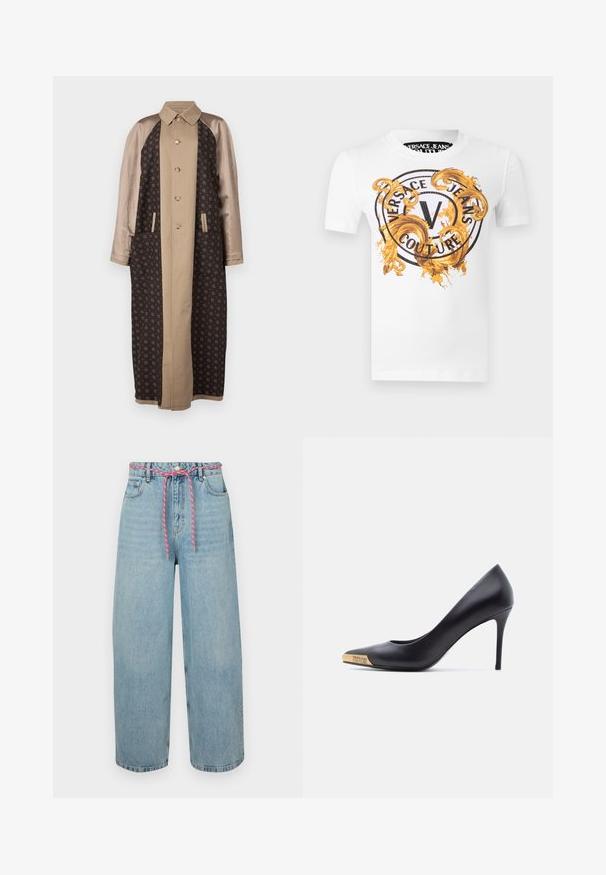 Brun mønstret lang frakke med satinbeige ærmer, frontlukning med knapper og sidelommer. Struktureret stof med geometriske designs.; Hvid kortærmet t-shirt med et sort cirkulært "Versace Jeans Couture"-logo og udsmykkede gyldne barokstil-swirls på forsiden.; Lysblå denim brede bukser med høj talje, der har en pink vævet snor og fem lommer. Autentisk falmet tekstur.; Sort læder højhælet pumpe med spids snude, guldmetalspids indgraveret med "Versace Jeans Couture," vist fra siden på hvid baggrund.