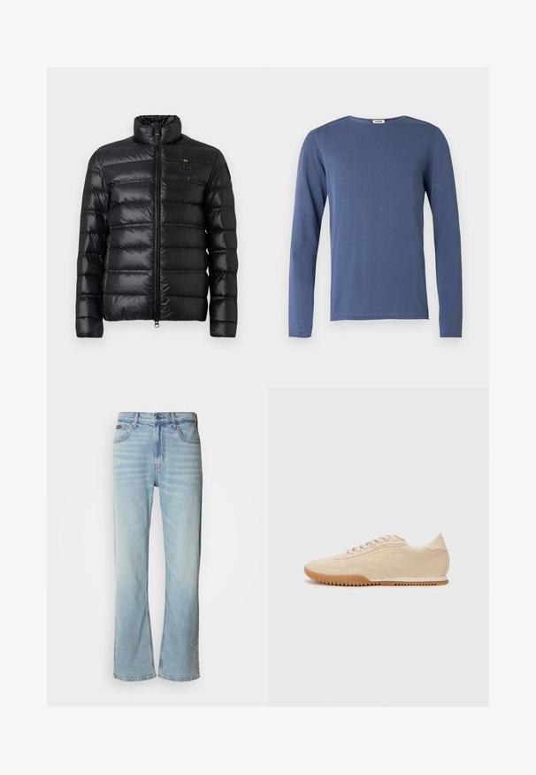 Chaqueta de plumas negra con patrón de acolchado horizontal, cuello alzado, cierre frontal con cremallera y pequeño parche de logo en el lado izquierdo del pecho.; Camiseta de manga larga y cuello redondo en azul medio. Hecha de una tela suave con una textura sutil. Corte recto y detalles mínimos.; Jeans de mezclilla azul claro con corte recto, que cuentan con cinco bolsillos, un cierre de botón y un ligero desvanecimiento en la tela.; Zapatillas de ante beige con un diseño aerodinámico, que presentan un upper texturizado, puntera redondeada y una suela de goma con un patrón de zigzag.