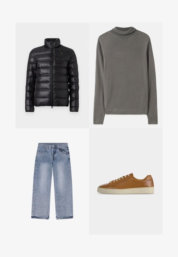 Chaqueta de plumas negra con patrón de acolchado horizontal, cuello alzado, cierre frontal con cremallera y pequeño parche de logo en el lado izquierdo del pecho.; Suéter de cuello alto gris hecho de una tela suave y ligera. Presenta mangas largas y un cuello acanalado con una textura suave en toda su superficie.; Vaqueros de mezclilla azul claro de pierna recta con bolsillos delanteros, trabillas para cinturón y cierre de botón en la cintura.; Zapatilla baja de piel marrón con cordones crema y suela gruesa de goma crema mostrada de perfil lateral sobre fondo blanco.