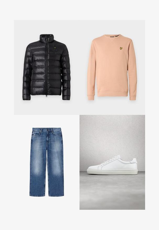 Chaqueta de plumas negra con patrón de acolchado horizontal, cuello alzado, cierre frontal con cremallera y pequeño parche de logo en el lado izquierdo del pecho.; Sudadera de color melocotón en tejido suave, con cuello redondo y puños acanalados. Incluye un logo bordado en negro y amarillo en el pecho izquierdo.; Vaqueros azules desvaídos de corte recto con cinco bolsillos y cierre de botones, mostrados planos sobre fondo blanco.; Zapatilla blanca con parte superior de cuero liso y perfil bajo. Presenta una puntera redondeada, seis ojales y una suela de goma texturizada.