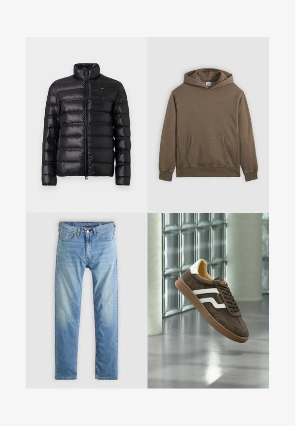 Zwarte pufferjack met horizontaal gestikt patroon, opstaande kraag, ritssluiting aan de voorkant en een klein logo op de linkerborst.; Bruine katoenen hoodie met een voorste kangoeroezak, ribgebreide manchetten en zoom. Voorzien van een capuchon en subtiele logo borduursel op de borst.; Lichtblauwe denim jeans met een rechte pijpvorm, voorzien van oranje stiksels, vijf zakken en een knoopsluiting.; Bruine suède sneaker met witte zijstrepen en een gumzool, getoond zwevend binnen op een gepolierde betonnen vloer bij glasblokken.