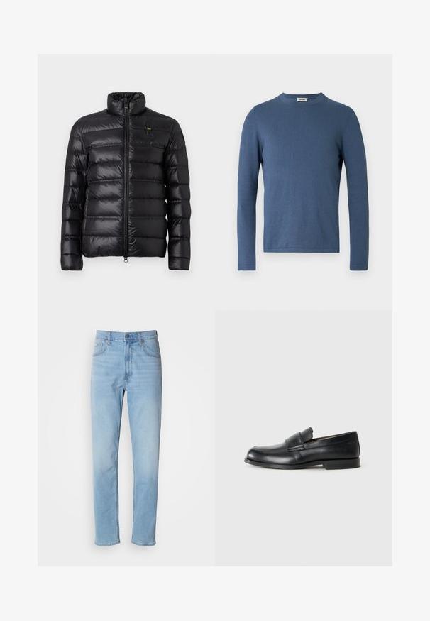 Chaqueta de plumas negra con patrón de acolchado horizontal, cuello alzado, cierre frontal con cremallera y pequeño parche de logo en el lado izquierdo del pecho.; Suéter azul de manga larga hecho de tela suave y texturizada. Presenta un escote redondo y un diseño ajustado con detalles mínimos de costura.; Jeans de mezclilla azul claro con un corte recto, cinco bolsillos y trabillas para cinturón. La tela presenta una textura suave con un ligero efecto de desvanecimiento.; Mocasines de cuero negro con punta redondeada, detalles cosidos y suela plana de goma. Presentan una banda ancha sobre el empeine.