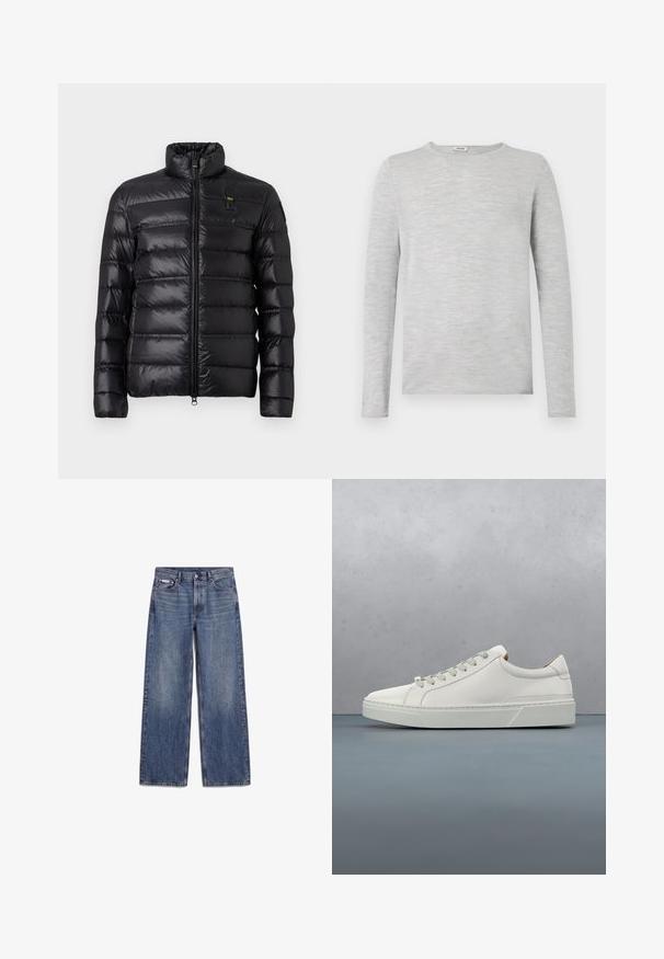 Chaqueta de plumas negra con patrón de acolchado horizontal, cuello alzado, cierre frontal con cremallera y pequeño parche de logo en el lado izquierdo del pecho.; Camisa de manga larga gris hecha de un tejido suave y texturizado, con cuello redondo y corte recto, sin patrones o acentos visibles.; Vaqueros de mezclilla azul de corte recto, con bolsillos delanteros, trabillas para cinturón y cierre de botones, colocados planos sobre un fondo blanco.; Zapatilla blanca de cuero con punta redondeada, diseño minimalista, cordones grises y suela de goma texturizada gris. Detalles de costura sutiles visibles.