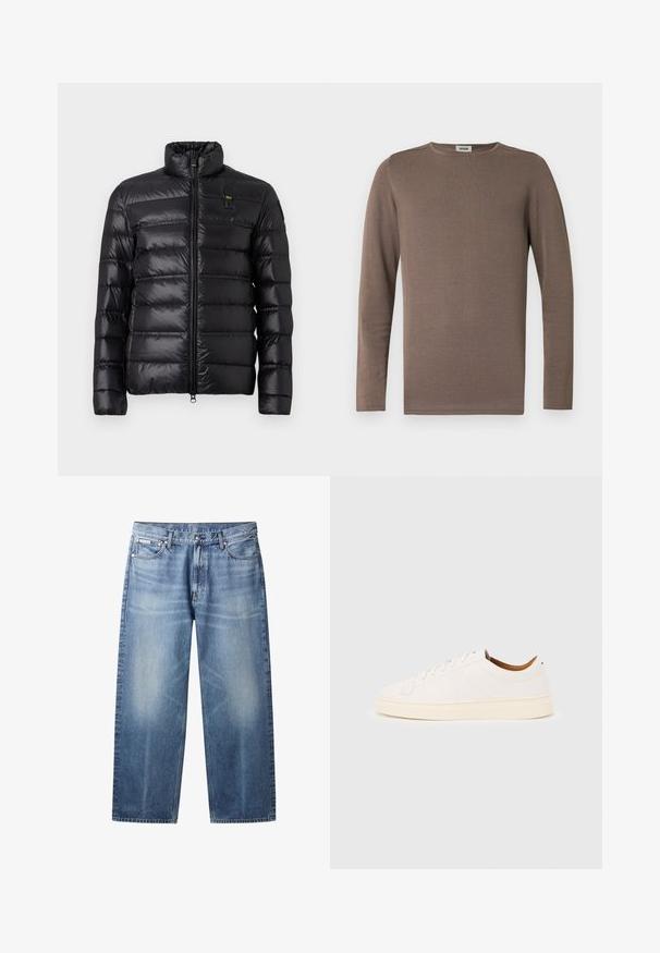 Chaqueta de plumas negra con patrón de acolchado horizontal, cuello alzado, cierre frontal con cremallera y pequeño parche de logo en el lado izquierdo del pecho.; Camisa de manga larga marrón hecha de tela suave, con cuello redondo y textura acanalada. Diseño simple y clásico sin adornos.; Vaqueros rectos de pierna en azul claro con zonas descoloridas, cinco bolsillos, cierre de botones y etiqueta Calvin Klein en el bolsillo delantero derecho.; Zapatilla blanca de corte bajo con diseño de cordones, detalles mínimos de costuras y suela color crema sobre un fondo gris claro.