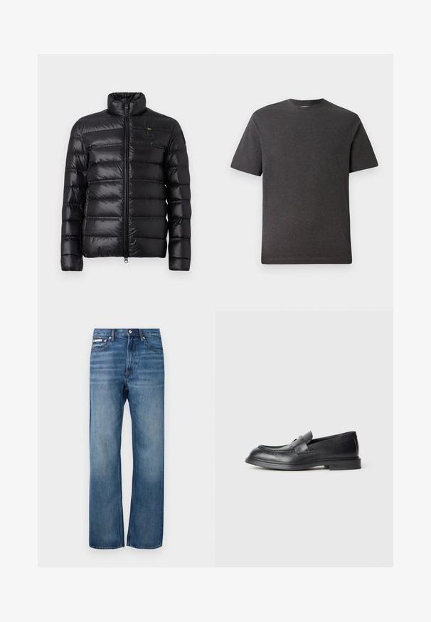 Chaqueta de plumas negra con patrón de acolchado horizontal, cuello alzado, cierre frontal con cremallera y pequeño parche de logo en el lado izquierdo del pecho.; Camiseta de manga corta gris, hecha de una tela suave y ligera, con cuello redondo y costuras mínimas. Apta para uso casual.; Jeans de denim azul de pierna recta con ligero desgaste, cierre frontal de botón y una pequeña etiqueta de logo en el bolsillo frontal derecho.; Mocasines de cuero negro con acabado texturizado, que cuentan con una correa decorativa en la parte delantera y punta redondeada. Suela de goma para mayor durabilidad.