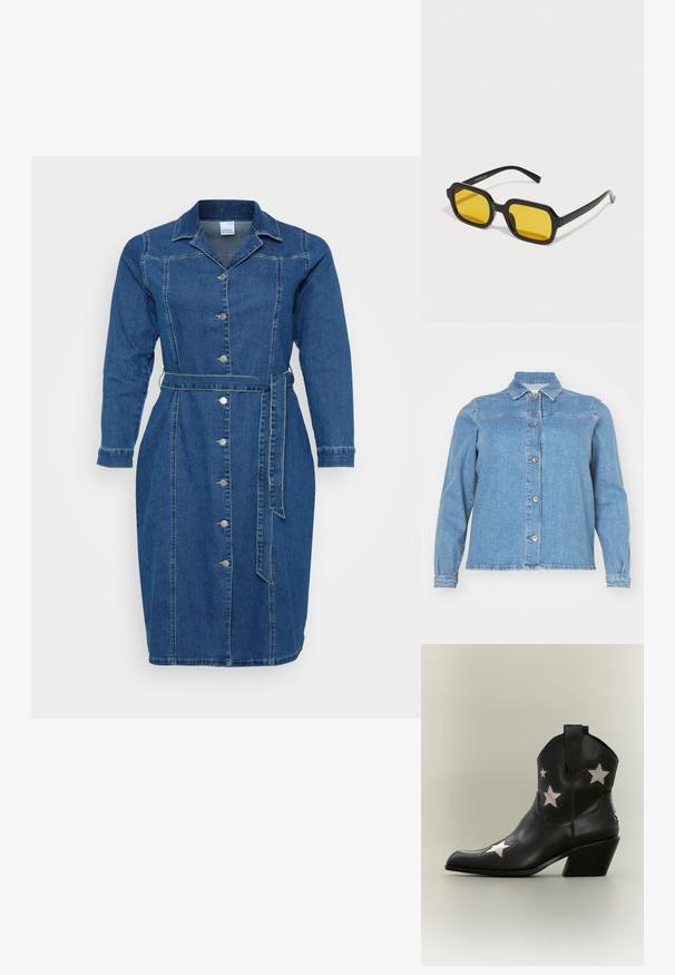 Lyseblå denimjakke med krave, lange ærmer, frontlukning med knapper og to brystlommer. Har en let slidt kant.; Denimkjole med lange ærmer, knaplukning foran, livrem og krave. Mørkeblå farve med lysere syninger som accenter.; Sort læderankel cowboystøvle med en mellemhøj skrå hæl og hvide stjerneformede udskæringer på siderne og tåen.; Sorte rektangulære solbriller med gule linser. Funktioner inkluderer tykke stel og kantet design med en glat, blank finish.