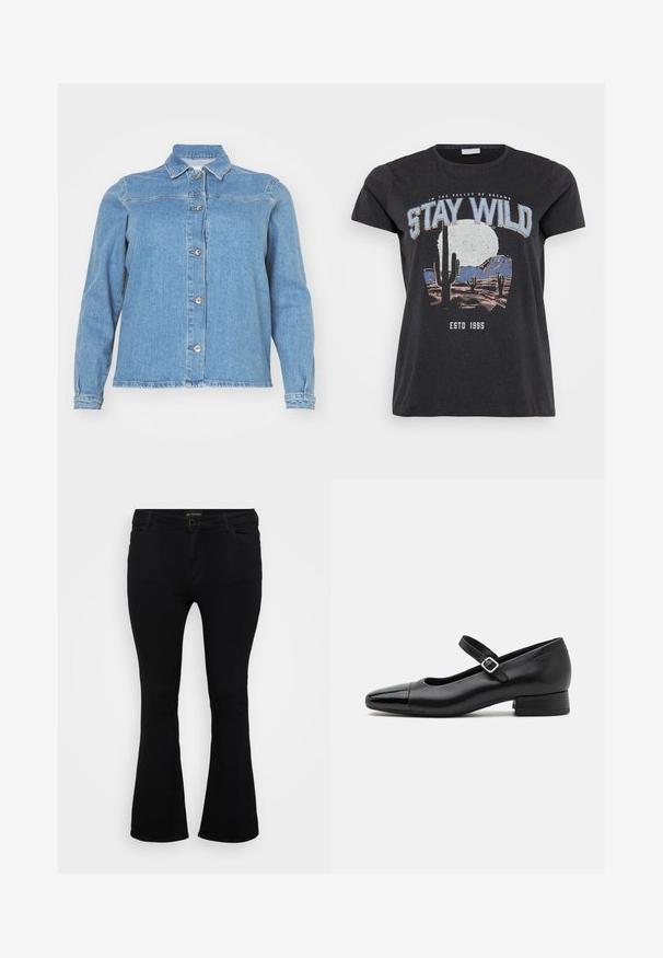 Lyseblå denimjakke med krave, lange ærmer, frontlukning med knapper og to brystlommer. Har en let slidt kant.; Sort bomulds t-shirt med et grafisk print af en ørken-scene med kaktusser, en måne og sætningen "STAY WILD" i blå skrifttype.; Sorte viddejeans lavet af denim, med knaplukning, fem lomme og en glat overflade. Klassisk design med flagrende kant.; Sorte læder Mary Jane-sko med en patenttå, justerbar ankelrem og lav blokhæl. Glat tekstur og strømlinet design.