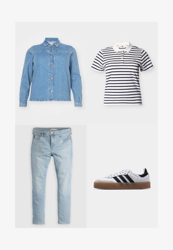 Lichtblauwe denimjack met een kraag, lange mouwen, een sluiting met knopen aan de voorkant en twee borstzakken. Heeft een licht verouderde zoom.; Wit poloshirt met korte mouwen, marineblauwe horizontale strepen en een witte kraag, met drie knopen en een klein logo op de borst.; Lichtblauwe spijkerbroek met een slanke pasvorm, vijf zakken en een knoopsluiting. Met subtiele vervagingen en contrasterende stiksels langs de naden.; Witte leren sneakers met zwarte strepen, gumrubberen buitenzool, ronde neus, vetersluiting en een zachte grijze suède neuskap.