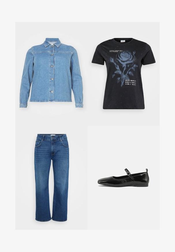 Lyseblå denimjakke med krave, lange ærmer, frontlukning med knapper og to brystlommer. Har en let slidt kant.; ONLY Carmakoma CARMIKO WASHED SS REG TEE JRS - T-shirts print - black; Bredde ben jeans i mørkeblå denim. Har fem lommer, bælteskydere og svag falmning langs benene. Glat tekstur med en standart pasform.; Sorte patentlæder flade sko med spidse tæer, en ankelrem med spænde og en glat, blank tekstur. Lav hæl for komfort.