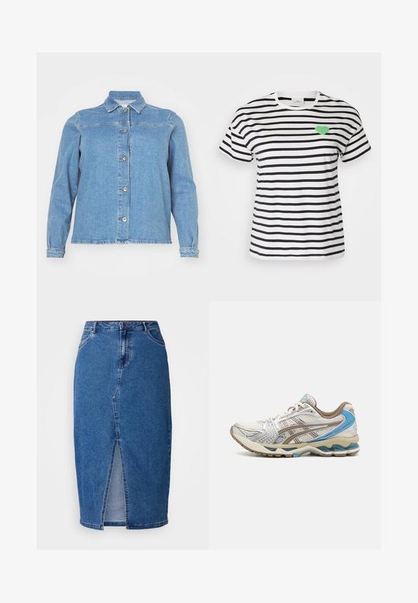 Lichtblauwe denimjack met een kraag, lange mouwen, een sluiting met knopen aan de voorkant en twee borstzakken. Heeft een licht verouderde zoom.; Korteboom T-shirt met ronde hals in zwart-witte strepen, met een groen fuzzy hartpatch op de linkerkant van de borst.; Denimrok in medium blauw met een voorste split, hoge taille, vijf zakken en ceintuurlussen. De stof heeft een gestructureerde afwerking.; Witte en beige hardloopschoen met blauwe accenten, mesh bovenwerk, gewatteerde zool en vetersluiting, getoond vanaf de buitenkant.