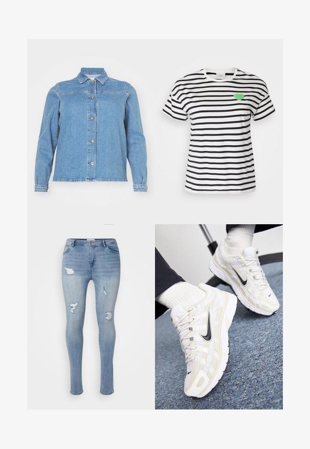 Lyseblå denimjakke med krave, lange ærmer, frontlukning med knapper og to brystlommer. Har en let slidt kant.; Kortærmet T-shirt med rund hals i sort og hvidstribet, med et grønt fuzzy hjertepatch på venstre brystområde.; Lyseblå skinny jeans lavet af denim, med en mellemhøj talje, slidte detaljer og subtil falmning. Glat tekstur med fem lommer.; Hvide og beige Nike sneakers med en mesh-overdel, tekstureret overflade, sort swoosh og en polstret sål med en skridsikker ydersål.