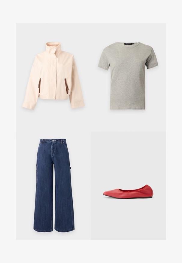 Veste courte beige avec col montant, manches longues, boutons-pression à l'avant et deux poches verticales marron zippées.; T-shirt en coton gris clair à manches courtes et col rond avec une étiquette noire visible à l'intérieur du col indiquant "DENIM" et la taille "S."; Pantalon en denim bleu foncé à jambes larges, bouton sur le devant, fermeture éclair, poches latérales et passants de ceinture, présenté sur un fond blanc uni.; Filippa K REY FLATS - Ballerines - bright red