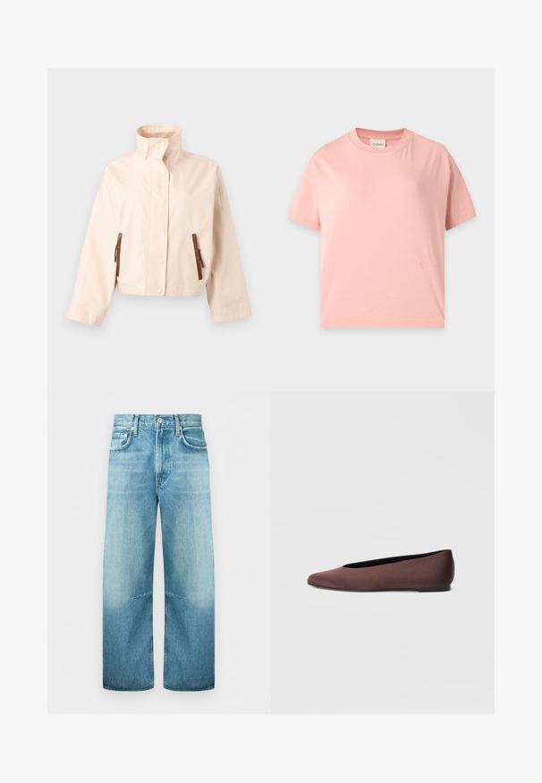 Veste courte beige avec col montant, manches longues, boutons-pression à l'avant et deux poches verticales marron zippées.; T-shirt à manches courtes rose clair avec un col rond, une coupe droite et un petit logo brodé ton sur ton près de l’ourlet inférieur.; Jean droit en denim bleu clair avec bouton et poches à l’avant, légèrement délavé aux cuisses et aux genoux, présenté sur fond blanc.; Ballerines en tissu marron avec un bout pointu et une texture lisse, dotées d'un talon bas et d'une fine semelle noire. Aucune motif ni élément métallique visible.