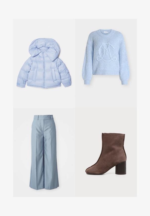 Lys blå pufferjakke med en stor hætte, lynlås og quiltet design. Har to frontlommer og elastiske manchetter for en tætsiddende pasform.; Lyseblå strikket sweater med tekstureret stof, ballonærmer og et prægede "L"-design i midten.; Lyseblå vidde bukser lavet af glat stof med høj talje, to forreste knapper og pressefure for et skræddersyet look.; Brun ruskind ankellang støvle med rundet tå og blokhæl på ensartet lys baggrund.