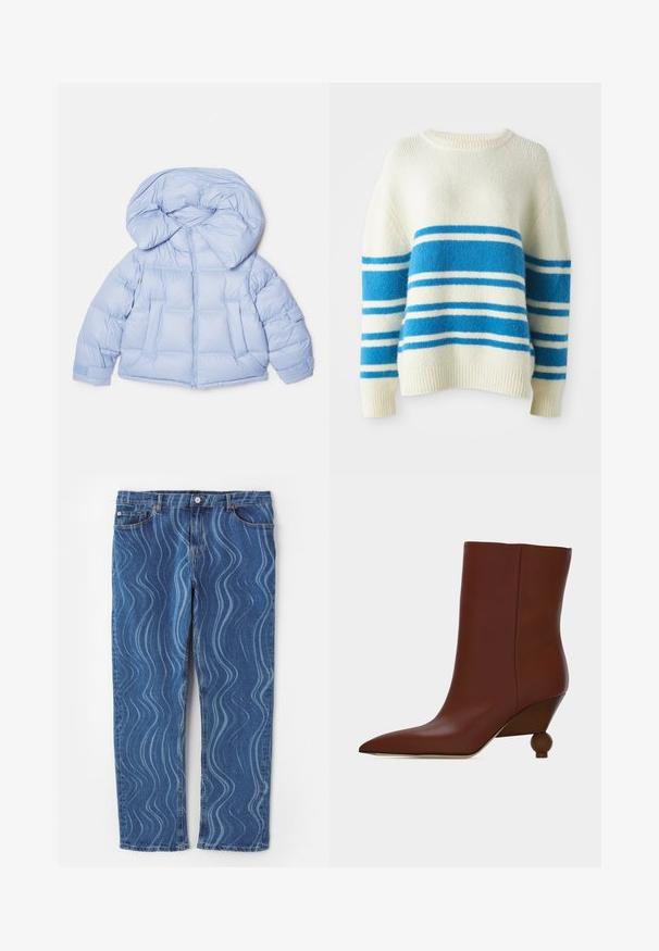 Lys blå pufferjakke med en stor hætte, lynlås og quiltet design. Har to frontlommer og elastiske manchetter for en tætsiddende pasform.; Chunky strikket sweater i off-white med brede blå og hvide striber. Udstyret med rund hals og ribkant ved ærmer og bund. Blød tekstur.; Blå denim jeans med et bølgende lys blå mønster, lige ben, knaplukning og syninger på lommerne.; Brun læderankelstøvle med spids tå og unik afrundet træhæl på en ensfarvet lys baggrund.