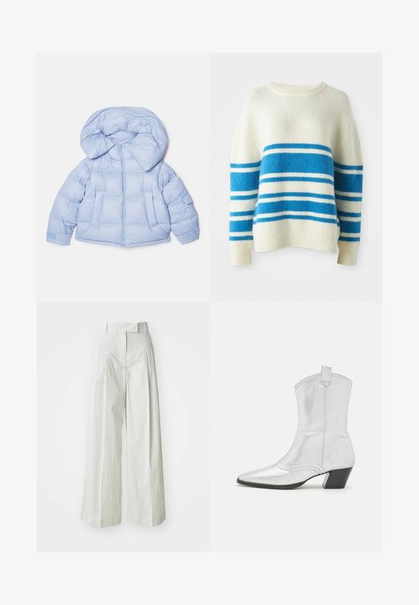 Chaqueta de plumas azul claro con una gran capucha, cierre de cremallera y diseño acolchado. Cuenta con dos bolsillos frontales y puños elásticos para un ajuste ceñido.; Suéter de punto grueso en blanco roto con amplias rayas azules y blancas. Presenta un cuello redondo y puños y dobladillo acanalados. Textura suave.; Pantalones de pierna ancha en verde claro con rayas blancas verticales. Cuenta con una cintura alta, presillas para cinturón y una textura de algodón suave.; Castañer DIMBA - Botines camperos - plata