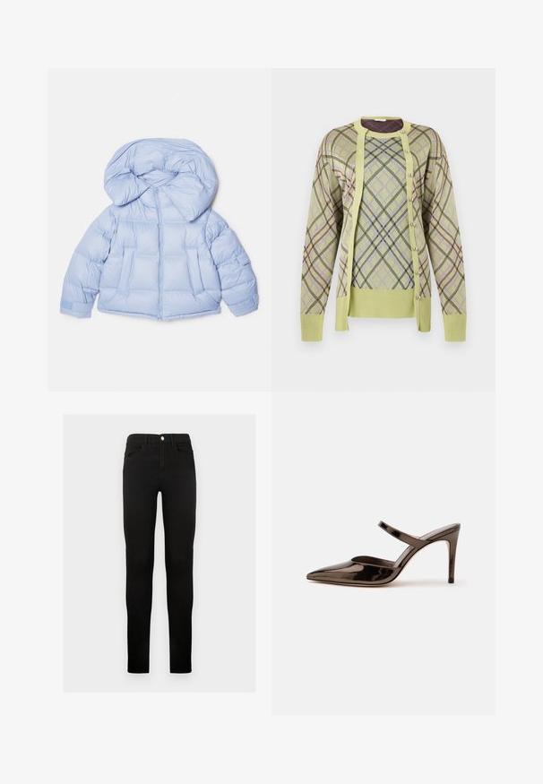 Lichtblauwe gewatteerde jas met een grote capuchon, ritssluiting en een doorgestikt ontwerp. Beschikt over twee voorzakken en elastische manchetten voor een goede pasvorm.; Rabanne Trui - almond; Zwarte denim jeans met een slim fit, voorzien van een knoopsluiting, riemlussen en voorzakken. Gladde textuur en klassiek ontwerp.; G glanzende donkerbruine mule met spitsen neus en hoge hak met een smalle band over de wreef op een effen witte achtergrond.