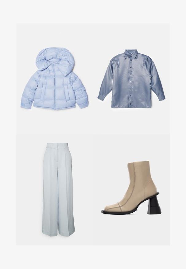 Hele sinine puffjakiga, millel on suur kapuuts, tõmblukk ja tikandiga disain. Omab kahte esist taskut ja elastseid mansette mugava istuvuse tagamiseks.; SIYA TREMBITA - Nööpidega pluus - silver grey; Elleme TAILORING TROUSERS - Püksid - blue; Beežist nahast pahkluu saabaste ruudukujulise nina, nähtava õmbluse ja jämeda musta skulptuurse plokk-kontsaga valgel taustal.