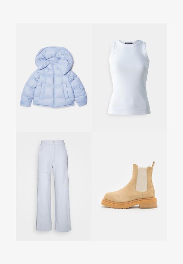 Chaqueta de plumas azul claro con una gran capucha, cierre de cremallera y diseño acolchado. Cuenta con dos bolsillos frontales y puños elásticos para un ajuste ceñido.; Top sin mangas blanco hecho de tela acanalada, con un escote redondo y una silueta ajustada. Textura suave, sin patrones ni acentos visibles.; Henrik Vibskov RAVIOLI PANTS - Pantalones - cornflower blue; ECKHAUS LATTA MIKE BOOT - Botines - beige