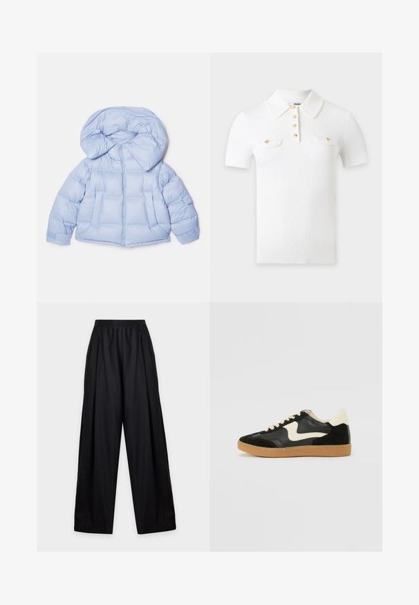 Helleblaue Steppjacke mit großer Kapuze, Reißverschluss und gesteppter Optik. Verfügt über zwei Fronttaschen und elastische Bündchen für eine bequeme Passform.; Weißes, geripptes Kurzarm-Poloshirt mit spitzem Kragen, vier goldenen Knöpfen vorne und zwei Brusttaschen mit goldenen Knopfklappen.; Schwarze Hose mit weitem Bein, elastischem Bund und lockerem Schnitt, auf einem schlichten hellgrauen Hintergrund gezeigt.; Schwarze Wildleder- und Leder-Sneaker mit einem cremefarbenen Seiten-Swoosh und einer hellcremefarbenen Ferse. Ausgestattet mit beige Schnürsenkeln und einer Gummilaufsohle.