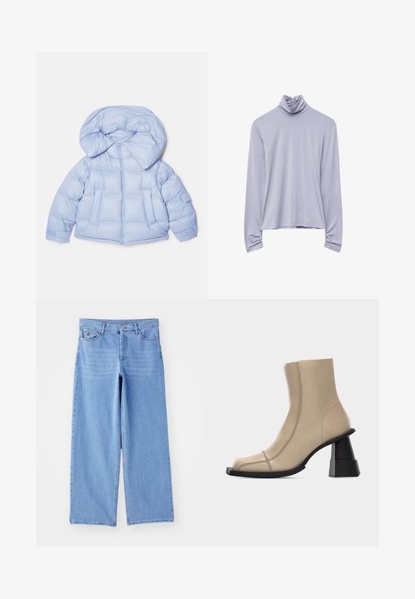 Hele sinine puffjakiga, millel on suur kapuuts, tõmblukk ja tikandiga disain. Omab kahte esist taskut ja elastseid mansette mugava istuvuse tagamiseks.; Heleli lilla turtleneck-särk, mis on valmistatud pehmest kangast, millel on kogutud kaelus ja rikutud mansetid, vaba lõike ja pikkade varrukatega.; Heledad sinine laiad teksapüksid, valmistatud denimist, klassikalise viie tasku kujundusega ja nupplukuga. Sile tekstuur, hõrenenud serv.; Beežist nahast pahkluu saabaste ruudukujulise nina, nähtava õmbluse ja jämeda musta skulptuurse plokk-kontsaga valgel taustal.