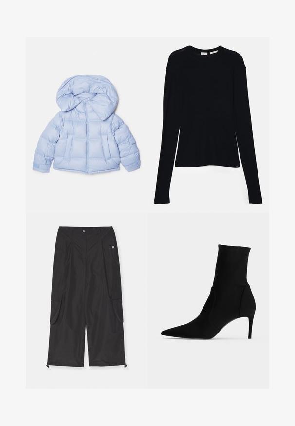 Lys blå pufferjakke med en stor hætte, lynlås og quiltet design. Har to frontlommer og elastiske manchetter for en tætsiddende pasform.; Sort langærmet bluse lavet af blødt stof, med rund halsudskæring og en afslappet pasform med sideslids i kanten for nem bevægelse.; Svarte cargo-bukser lavet af letvægtsstof har sidelommer, justerbar snorekant og knaplukning.; Sort ankelstøvle med spids tå og slank høj hæl, vist i profil på en lys baggrund. Elegant, minimalistisk design.
