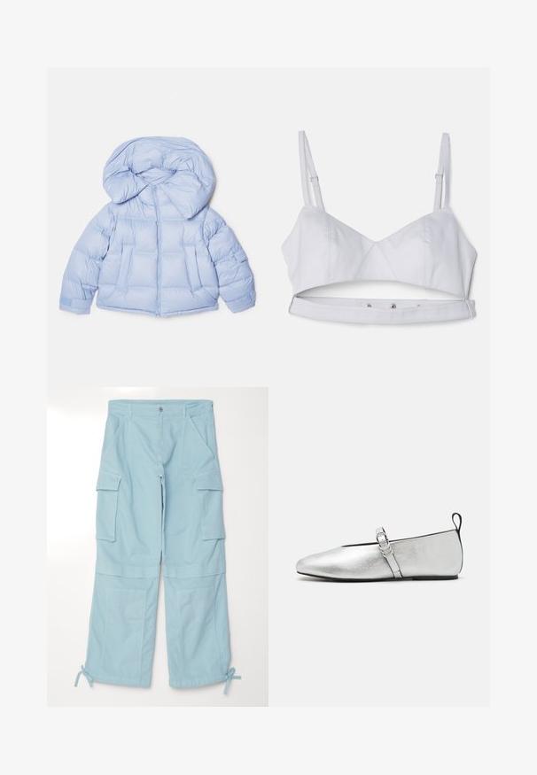 Chaqueta de plumas azul claro con una gran capucha, cierre de cremallera y diseño acolchado. Cuenta con dos bolsillos frontales y puños elásticos para un ajuste ceñido.; Sujetador cortado de color gris claro con tirantes ajustables, un corpiño estructurado y un cierre de presión en la parte inferior para un ajuste seguro.; Pantalones cargo azul claro con un ajuste relajado. Presentan bolsillos laterales sobredimensionados, puños ajustables y un cierre de botón en la cintura.; rag & bone SPIRE MARY JANE - Bailarinas con hebilla - silver