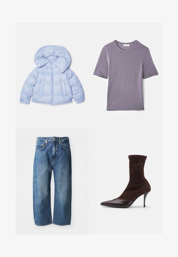 Lys blå pufferjakke med en stor hætte, lynlås og quiltet design. Har to frontlommer og elastiske manchetter for en tætsiddende pasform.; Lilla kortærmet t-shirt lavet af blødt stof, med en rund hals og en lige kant, med en glat tekstur og uden synlige mønstre.; Blå denimjeans med en løs, bred ben-design, der har forlommer, en knap- og lynlåslukning og subtilt slid ved knæene.; Brune ruskinds ankelstøvle med spids tå og blank bordeauxlakeret tåhætte, der har en slank stilettohæl og tekstureret overdel.