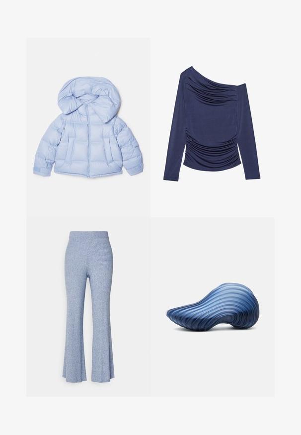 Helleblaue Steppjacke mit großer Kapuze, Reißverschluss und gesteppter Optik. Verfügt über zwei Fronttaschen und elastische Bündchen für eine bequeme Passform.; Marineblaues Langarmoberteil mit asymmetrischem Ausschnitt, das eine geraffte Textur vorne und seitliche Raffung aufweist. Hergestellt aus einem glatten, dehnbaren Material.; Himmelblaue, gerippte, ausgestellte Hose mit einem festen Bund, die eine weiche Textur und eine schlanke Silhouette präsentiert. Keine Muster oder Hardware-Details.; Glatter, blauer, wellenförmiger Gegenstand in Form einer abstrakten Muschel oder Kapsel, der auf einer weißen Oberfläche liegt.