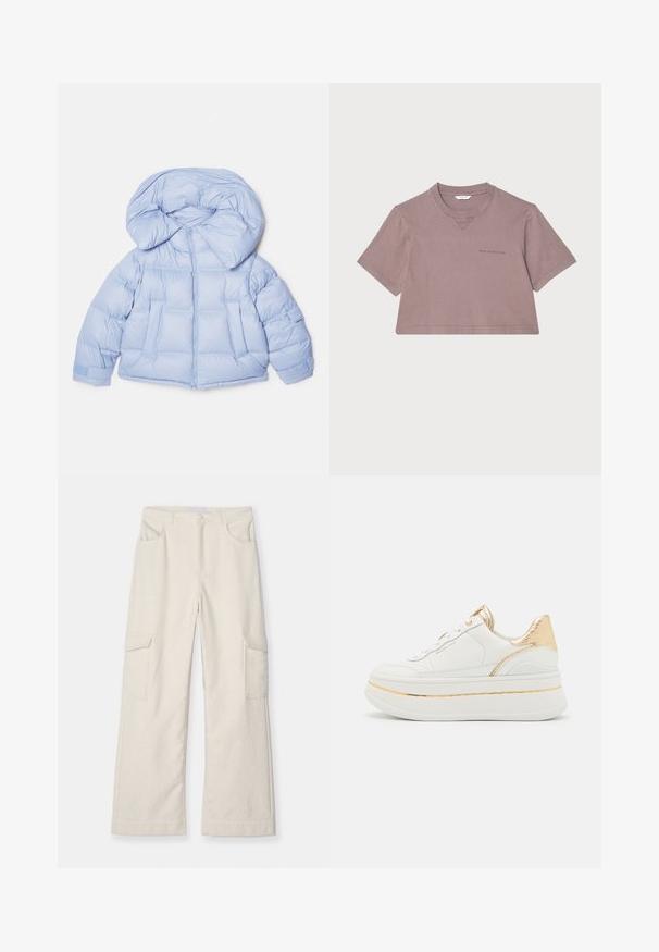 Lys blå pufferjakke med en stor hætte, lynlås og quiltet design. Har to frontlommer og elastiske manchetter for en tætsiddende pasform.; Afklippet t-shirt i støvet mauve, lavet af blødt materiale. Har en rund hals, korte ærmer og et diskret logo trykt på forsiden.; Creme cargo bukser lavet af tekstureret stof, med to sidelommer, lige ben-design og en tætsiddende talje med forlukning.; Læderplatformsneaker i hvid med guldaccenter, der har en struktureret guldhælhæl, runde snørebånd og en glat sål med en tynd guldstribe.