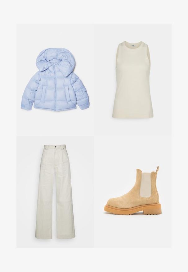Lys blå pufferjakke med en stor hætte, lynlås og quiltet design. Har to frontlommer og elastiske manchetter for en tætsiddende pasform.; IVY OAK KLARA ANN - Top - almond milk; Rodebjer Bukser - warm sand; ECKHAUS LATTA MIKE BOOT - Støvletter - beige