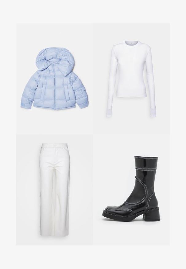 Hele sinine puffjakiga, millel on suur kapuuts, tõmblukk ja tikandiga disain. Omab kahte esist taskut ja elastseid mansette mugava istuvuse tagamiseks.; BITE Studios LONGSLEEVE - Pikkade varrukatega topp - true white; Valged sirged püksid nööp- ja lukk sulgemisega, vöökoha silmade ja eesmistel taskutel, esitatud ühetaolisel valgel taustal.; Must must pikkade säärega, musta lakknahast jalats, valgete õmblustega, ümarate varvaste ja plokk-kandadega. Omab kõveraid disainijoontesid ja siledat pindmääret.
