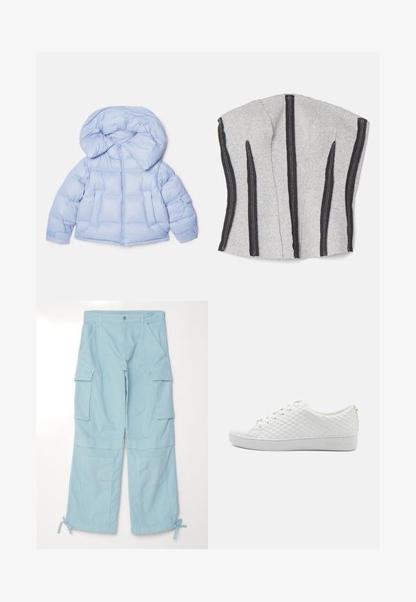 Chaqueta de plumas azul claro con una gran capucha, cierre de cremallera y diseño acolchado. Cuenta con dos bolsillos frontales y puños elásticos para un ajuste ceñido.; ECKHAUS LATTA RAW - Top - dust; Pantalones cargo azul claro con un ajuste relajado. Presentan bolsillos laterales sobredimensionados, puños ajustables y un cierre de botón en la cintura.; Zapatilla blanca con un diseño de malla texturizada, suela plana, punta redonda y cierre de cordones. Nombre de la marca grabado en el lateral y acentos dorados.