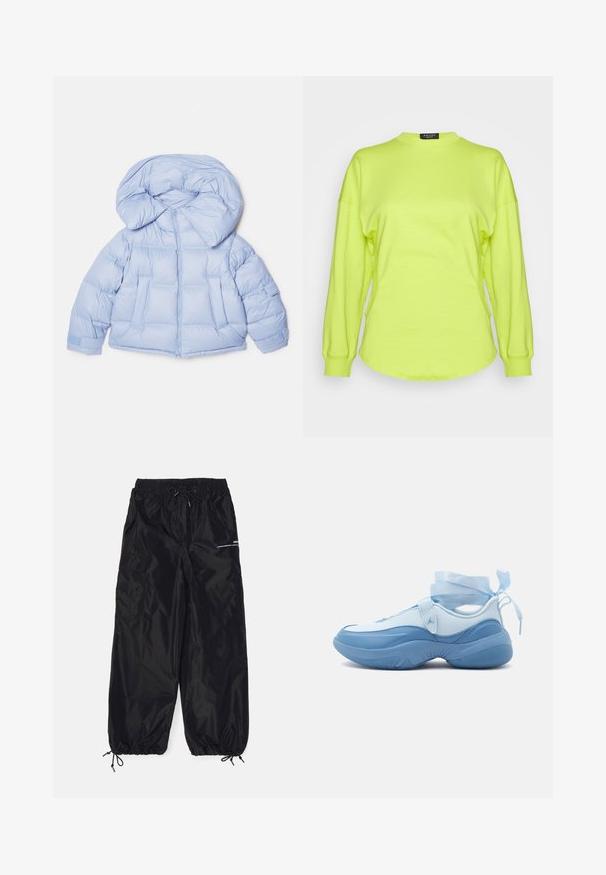 Helleblaue Steppjacke mit großer Kapuze, Reißverschluss und gesteppter Optik. Verfügt über zwei Fronttaschen und elastische Bündchen für eine bequeme Passform.; A.W.A.K.E. MODE LONG SLEEVE TOP WITH CUT-OUT DETAIL - Langarmshirt - acidlime; Schwarze Cargo-Hosen aus glänzendem Nylon mit elastischem Bund, verstellbarem Kordelzug, Seitentaschen und elastischen Bundabschlüssen.; Low-Top-Sneaker in hellblau und weiß mit dicker Sohle und blauen Band-Schnürsenkeln, die um den Knöchel gebunden sind, Seitenansicht.