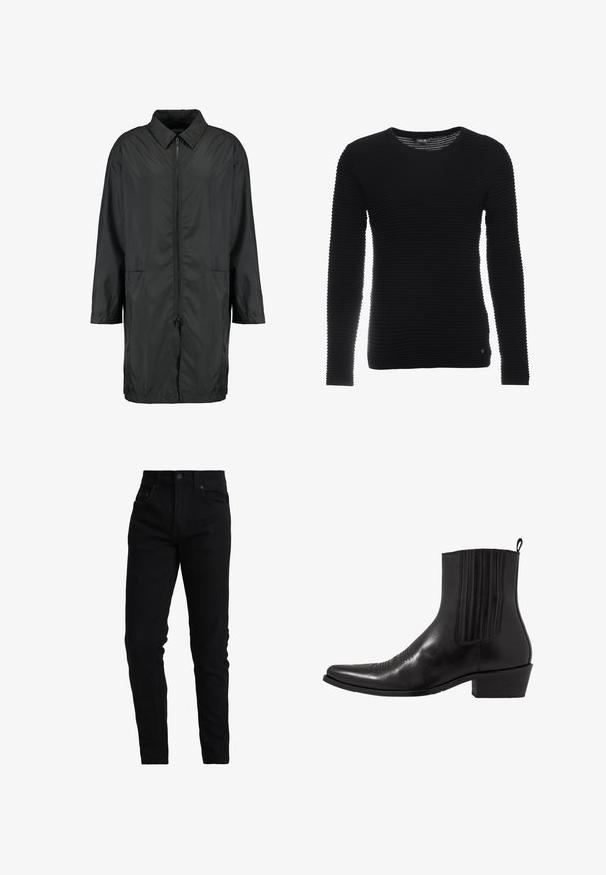 Schwarze Windjacke aus leichtem Material mit kragenfreiem Halsbereich, vollem Reißverschluss und zwei Fronttaschen; entspannte Passform, knielang.; Schwarzer, langärmeliger, gerippter Pullover mit rundem Halsausschnitt und strukturiertem Material. Mit dezentem Markenlogo am unteren linken Rand.; Schwarze Denim-Jeans im Slim-Fit-Schnitt mit mittelhoher Taille, Fünf-Taschen-Design und dezenten Nähdetails. Glattes, strukturiertes Material.; Schwarze Leder- ankle boot mit spitzem Zehenbereich, elastischen Seitenpaneelen, vertikalen Steppnähten und einem niedrigen Blockabsatz.
