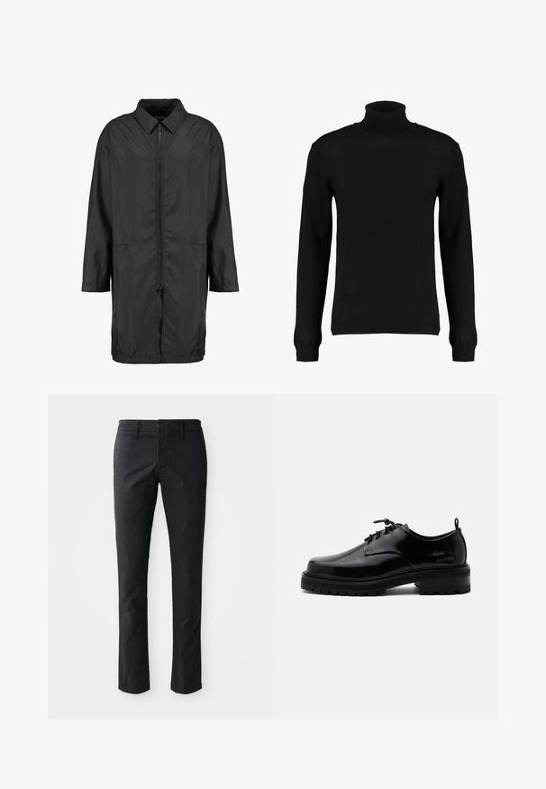 Schwarze Windjacke aus leichtem Material mit kragenfreiem Halsbereich, vollem Reißverschluss und zwei Fronttaschen; entspannte Passform, knielang.; Schwarzer Rollkragensweater aus glattem Strickstoff, mit langen Ärmeln und tailliertem Schnitt. Rippbündchen und Saum.; Schwarze gerade geschnittene Hose aus glattem Stoff mit einem einzelnen Knopfverschluss und Gürtelschlaufen. Minimalistisches Design ohne sichtbare Muster.; Schwarzer polierter Lederschnürschuh mit dicker Gummisohle und niedrigem Absatz, seitlichem Marken-Schriftzug "SAMSOE" und hinterer Zuglasche.