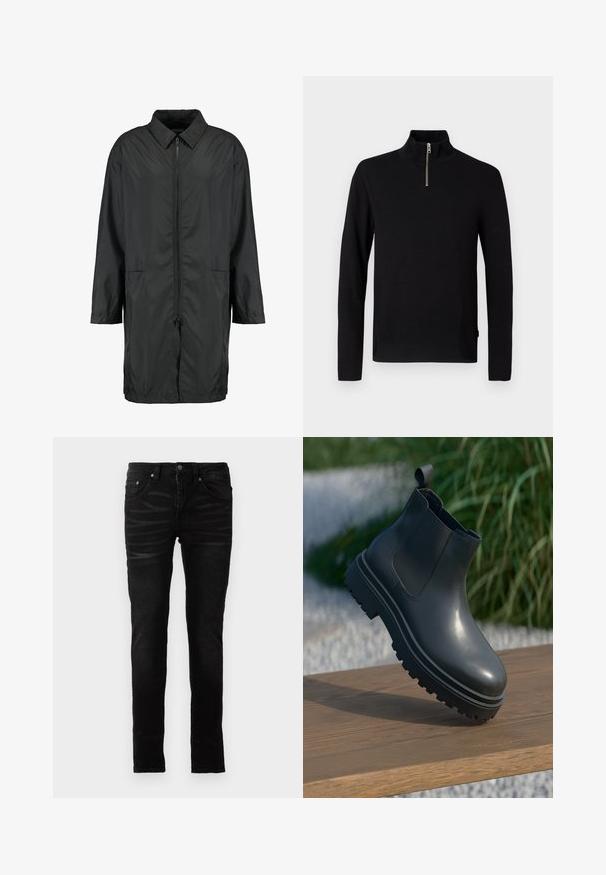 Sort vindjakke lavet af letvægtsmateriale med kravehals, fuld lynlås og to forlommer; afslappet pasform, knælang.; Sort langærmet sweater med høj krave og en kort sølv lynlås i midten foran.; Sorte skinny jeans med en glat denimoverflade, traditionelt fem-lommer design, lynlåsfront og subtile falmede detaljer på stoffet.; Sorte gummistøvler til anklerne med tekstureret finish, tyk, skridsikker sål, elastiske sidelapper og en løkke bagpå, hvilende på en træoverflade.